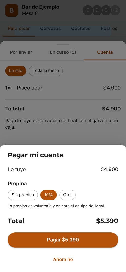 Pagar mi cuenta desde el teléfono con propina